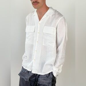 BTFL White Linen Shirt Leisure Men Size Large Oversized Pockets Long Sleeve Camp